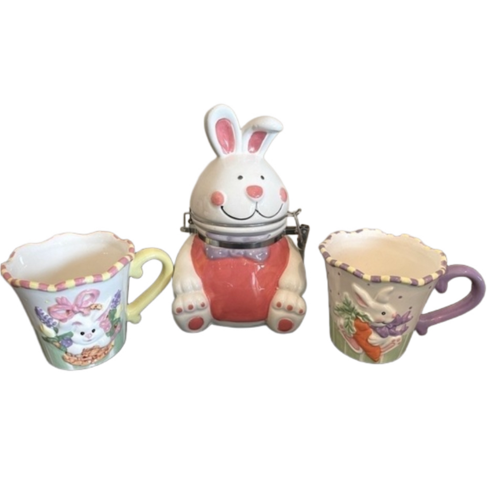 Bunny Treat Ceramic JAR with Latching lid and 2 Easter Coffee Mug Bundle